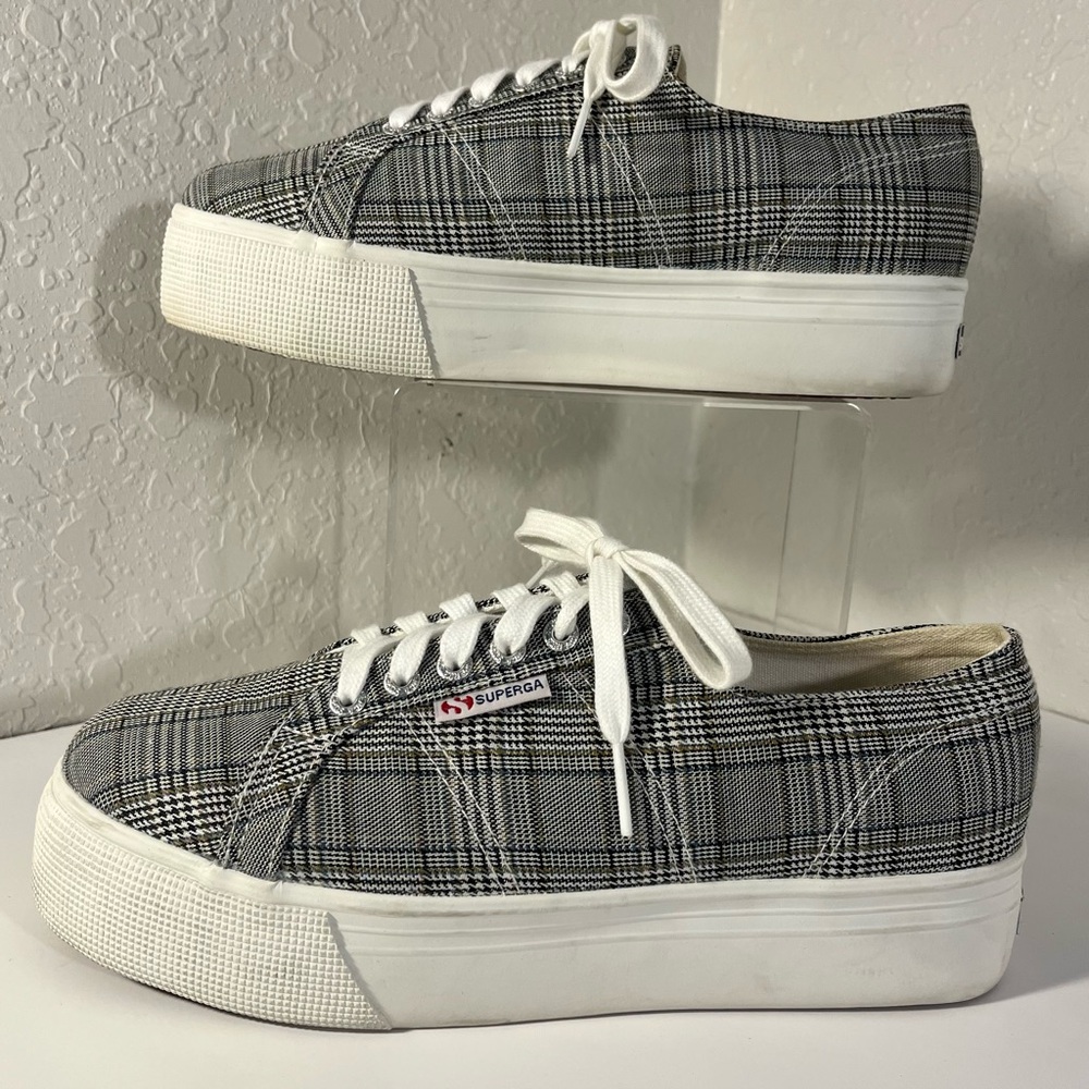 GU SUPERGA PLAID PLATFORM SNEAKERS; SIZE 10!